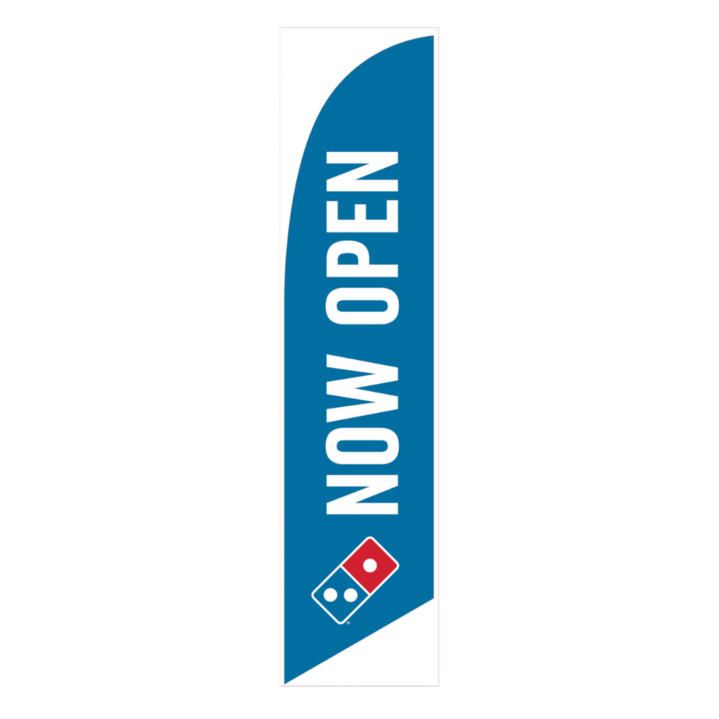 One-Sided Blue Feather Angled "Now Open" Flag