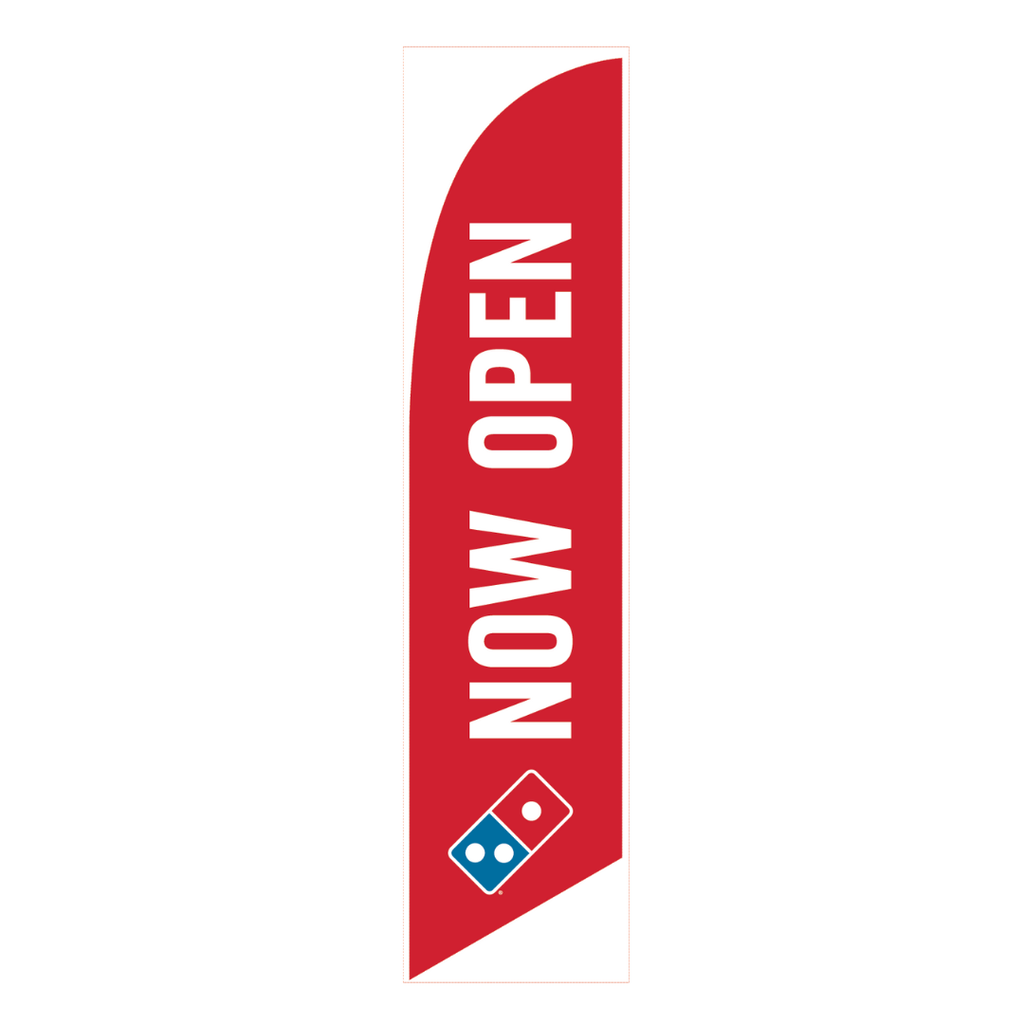 One-Sided Red Feather Angled "Now Open" Flag